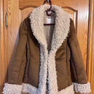 Garage Brown Faux-Suede 70s Jacket with Cream Sherpa Trim